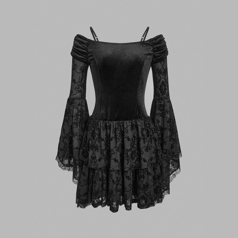 Gothic Hot Girl Black Flocked One-Shoulder Slim Waist Bell-Sleeved Dress