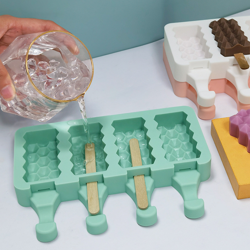 Sanxin 4 piezas de diamante helado molde de silicona DIY hogar paleta de helado fabricante de helado herramienta abrasiva de silicona con tapa