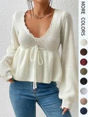 Women's Plain Drawstring Tie Front Scallop Trim Crop Knit