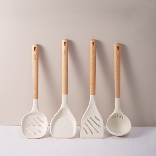 Silicone kitchen utensils with wooden handles, silicone spatulas and spoons, household kitchen high temperature resistant cooking spatulas, colanders, non-stick frying spatulas