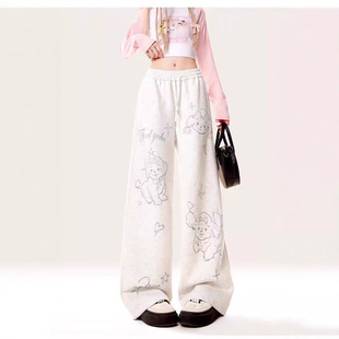 Cute Puppy Printed Wide Leg Pants Women's Autumn and Winter New Straight Loose Casual Sports Grey Pants