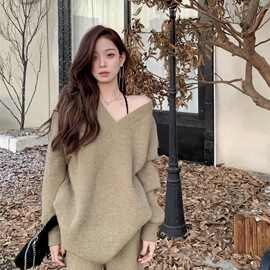 复古慵懒风v领毛衣女秋冬季新款宽松慵懒垂感阔腿裤显瘦针织套装