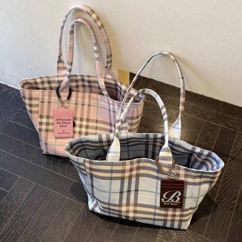 Korean Style Plaid Tote Bag for Women 2026 New Large-Capacity Shoulder Bag Daily Commuting Student Canvas Bag
