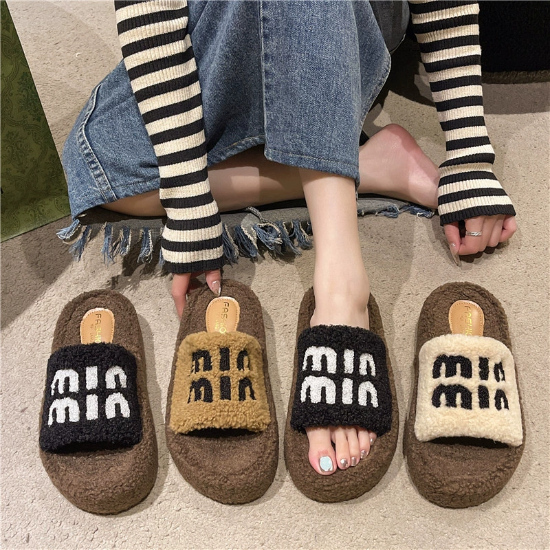 35-42 размера женская обувь большого размера толстая подошва шерстяные тапочки женские наружные носить осенние и зимние ягненки пушистые домашние хлопчатобумажные тапочки