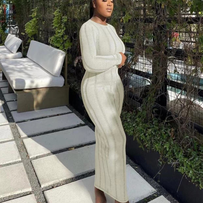 European and American style women's clothing 2023 winter new fashion solid color back hollow wool long sleeve dress wholesale