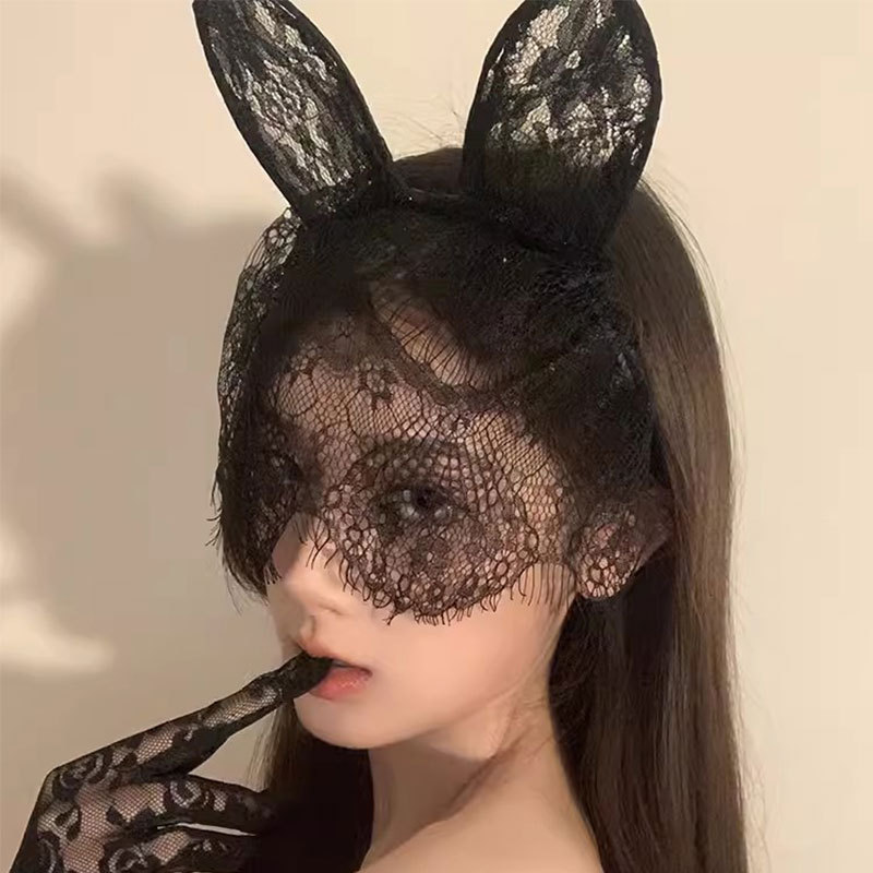 黑色性感猫耳朵发箍女蕾丝面罩眼罩遮脸网纱头纱发饰万圣节头饰