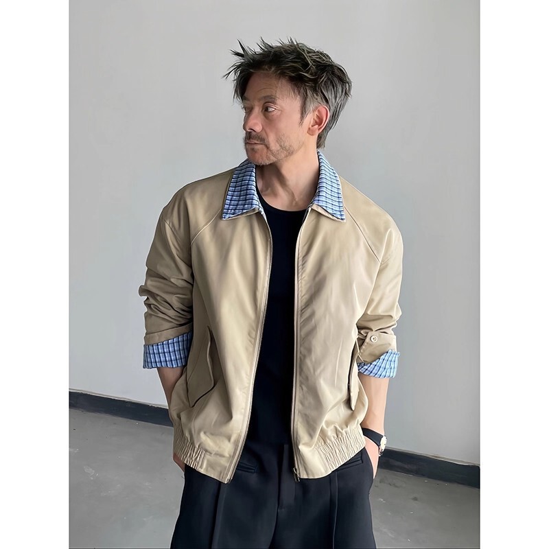 Miu Fake Two-Piece Harrington Jacket Men's Autum Wear Khaki Retro Short Lapel Baseball Jacket Miu Fake Two-Piece Harrington Jacket Men's Autum Wear Khaki Retro Short Lapel Baseball Jacket
