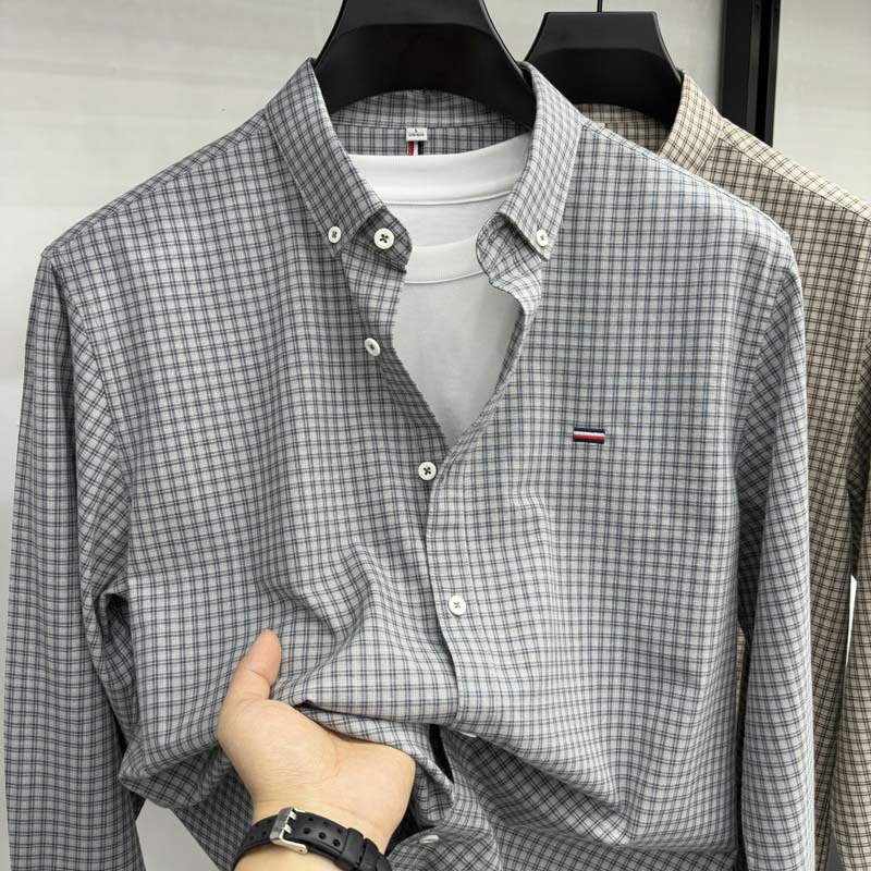 High-quality Tommy long-sleeve shirt for men, plaid, spring and autumn, casual, versatile, pure cotton Oxford fabric, wrinkle-free High-quality Tommy long-sleeve shirt for men, plaid, spring and autumn, casual, versatile, pure cotton Oxford fabric, wrinkle-free