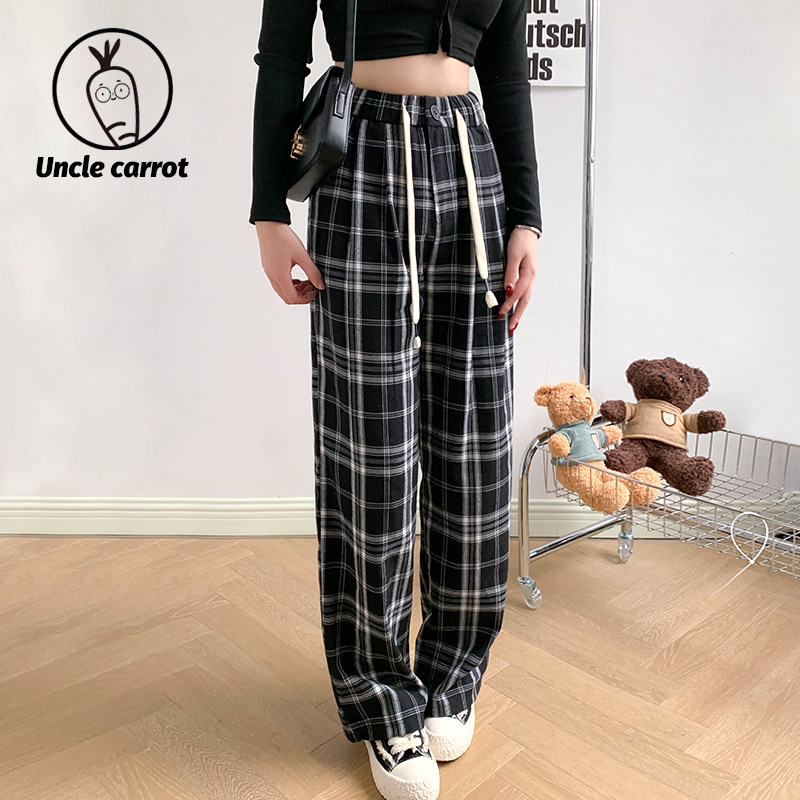 Black and White Plaid Pants Women's Pants Straight Tube Loose Spring and Summer 2024 New Retro Casual High Waist Wide Leg Plaid Pants