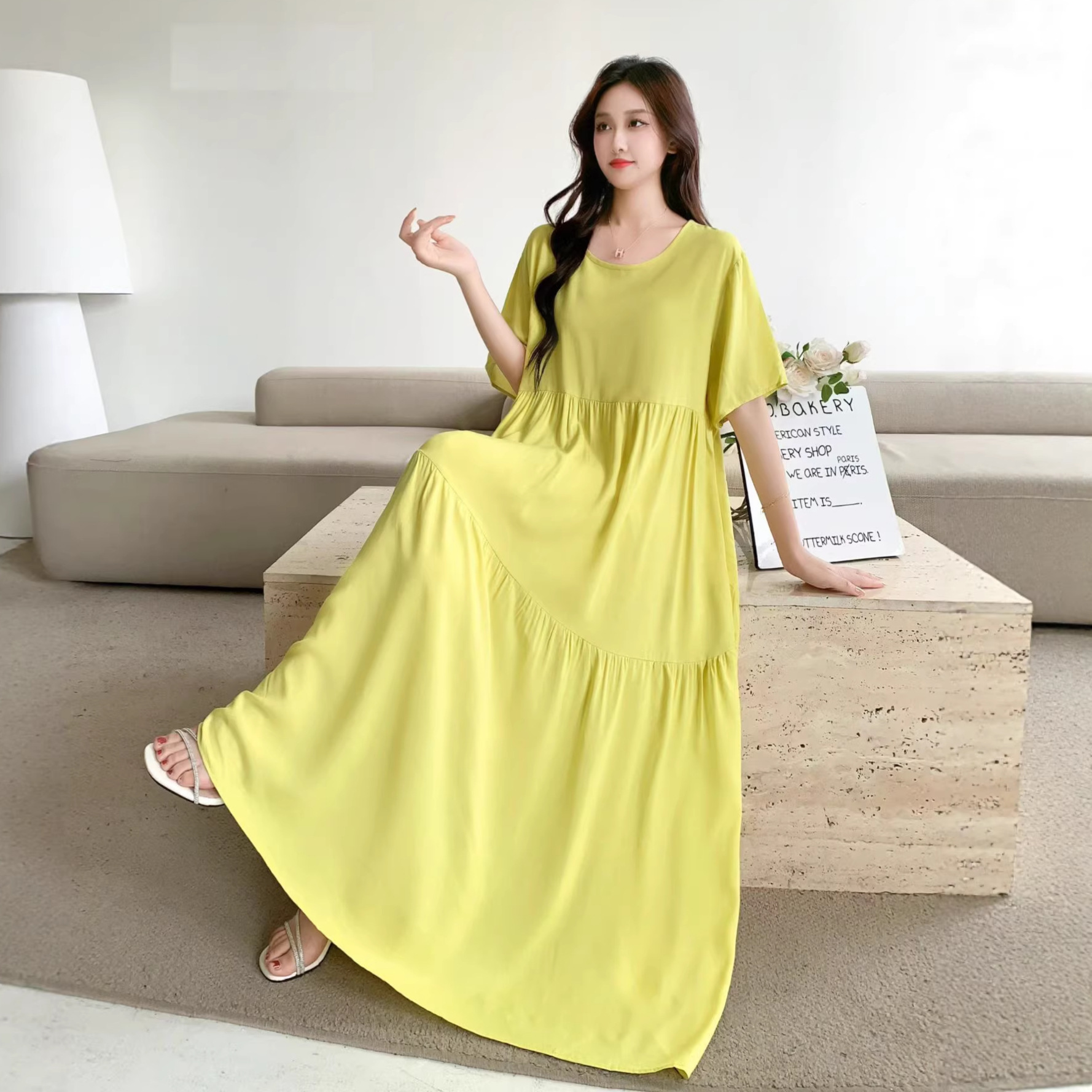 Short-sleeved Cotton Silk Women's Dress, European And American 2025 New Style, Round-neck Seaside Vacation Style Dress_ecoleips.com