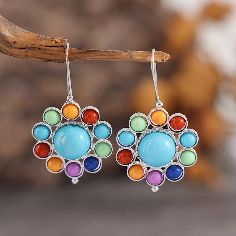 Vacation Colorful Flower Alloy Inlay Turquoise Women's Earrings display picture 1