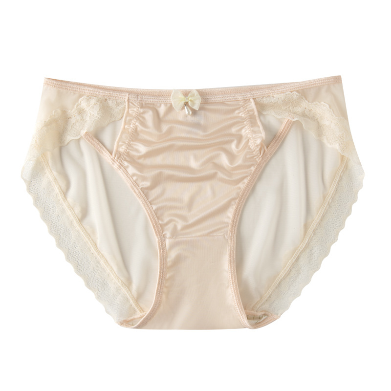 Ropa interior de encaje de satén de estilo puro francés para mujer sexy 2024 nueva ropa interior de cadera anti-pellizco para niña de seda de hielo de malla