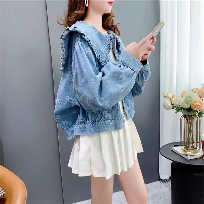 2026 Spring and Autumn New Style Doll Collar Denim Jacket for Women, Korean Version, Loose and Stylish, Age-Reducing Casual Short Jacket Top