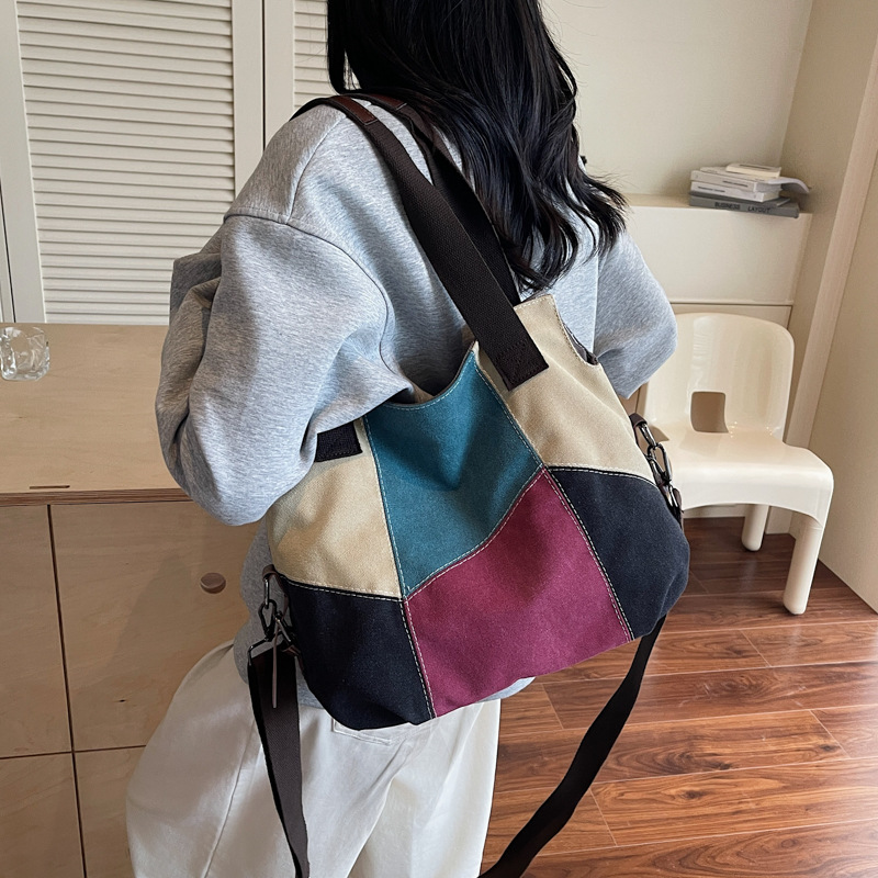 Bolso tote retro estilo de Hong Kong 2025 nuevo bolso de lona con costuras en contraste bolso de hombro bolso de mensajero de gran capacidad mujer
