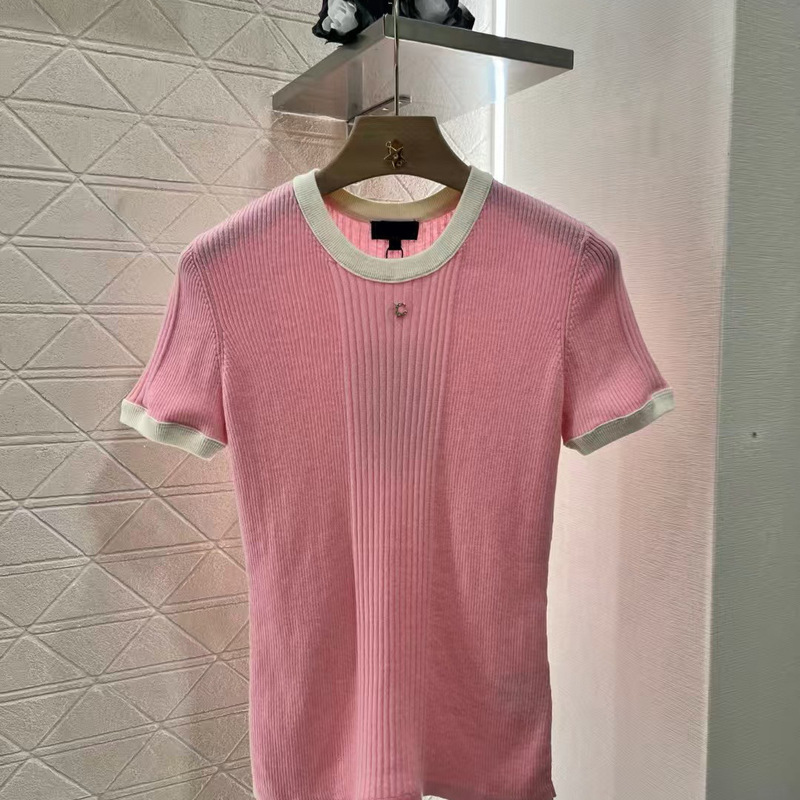Nanyou Haute Couture 25 Spring and Summer New Product Small Fragrance Style Double C Contrast Color Elastic Slim Knitted Short-Sleeved Top Ready in Stock