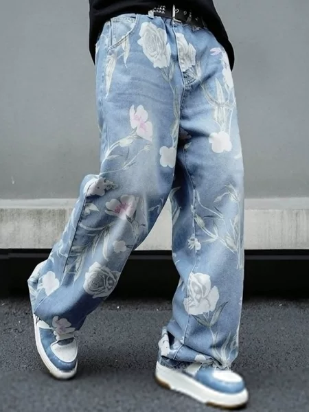 TEMU's popular European and American cross-border men's jeans, trendy high street printed casual loose straight wide-leg men's trousers
