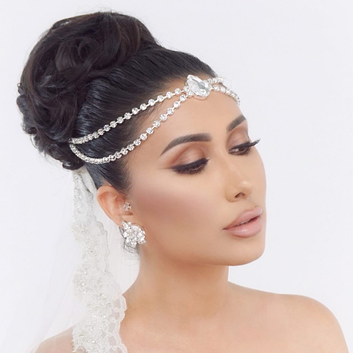 Bandeau de mariée en strass fait à la main avec chaîne frontale en forme de goutte d'eau à double couche, vente chaude_voghion.com