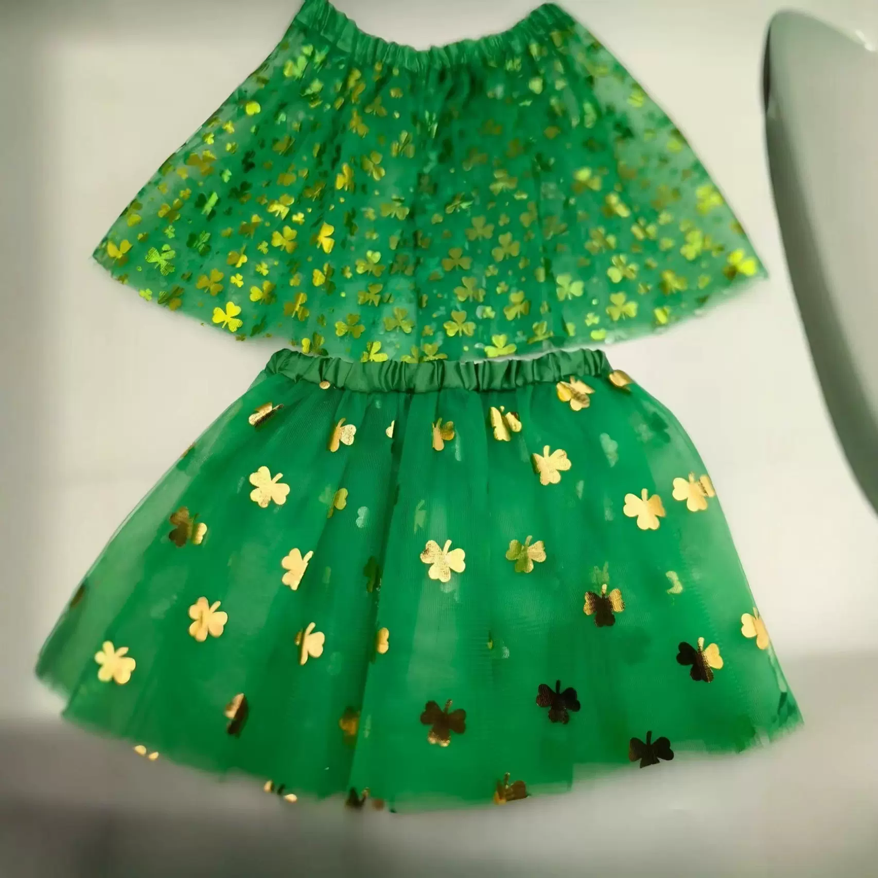 跨境大裙摆新款圣帕特里克节爱尔兰三叶草儿童公主蓬蓬裙子半身裙
