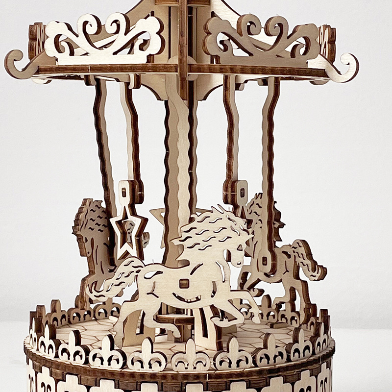 3D three-dimensional special-shaped puzzle model DIY wooden mechanical transmission transmission difficult assembly eight-tone carousel