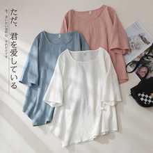 2025新款文艺大码棉麻盘扣提花短袖T恤女下摆不规则宽松显瘦上衣