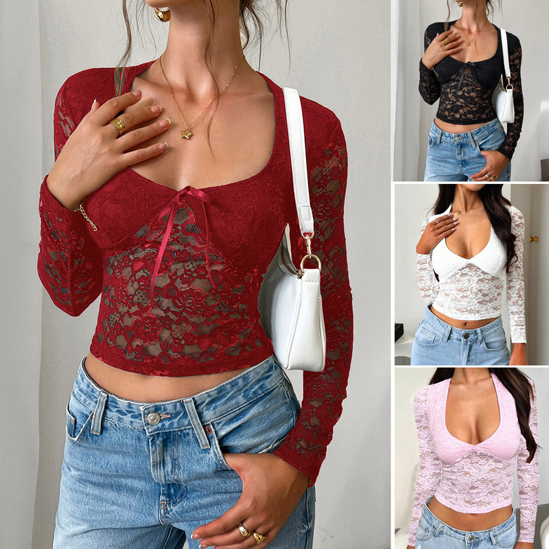 Di Yun Foreign Trade 2025 Spring and Summer New European and American Y2K Sexy Style Slim Hollow Long Sleeve Lace Shirt Top