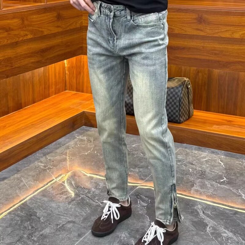 High-End Designer Jeans with Zipper at the Ankle, Men's Slim-Fit Skinny Pants, New Trendy Stylish Retro Casual Long Pants