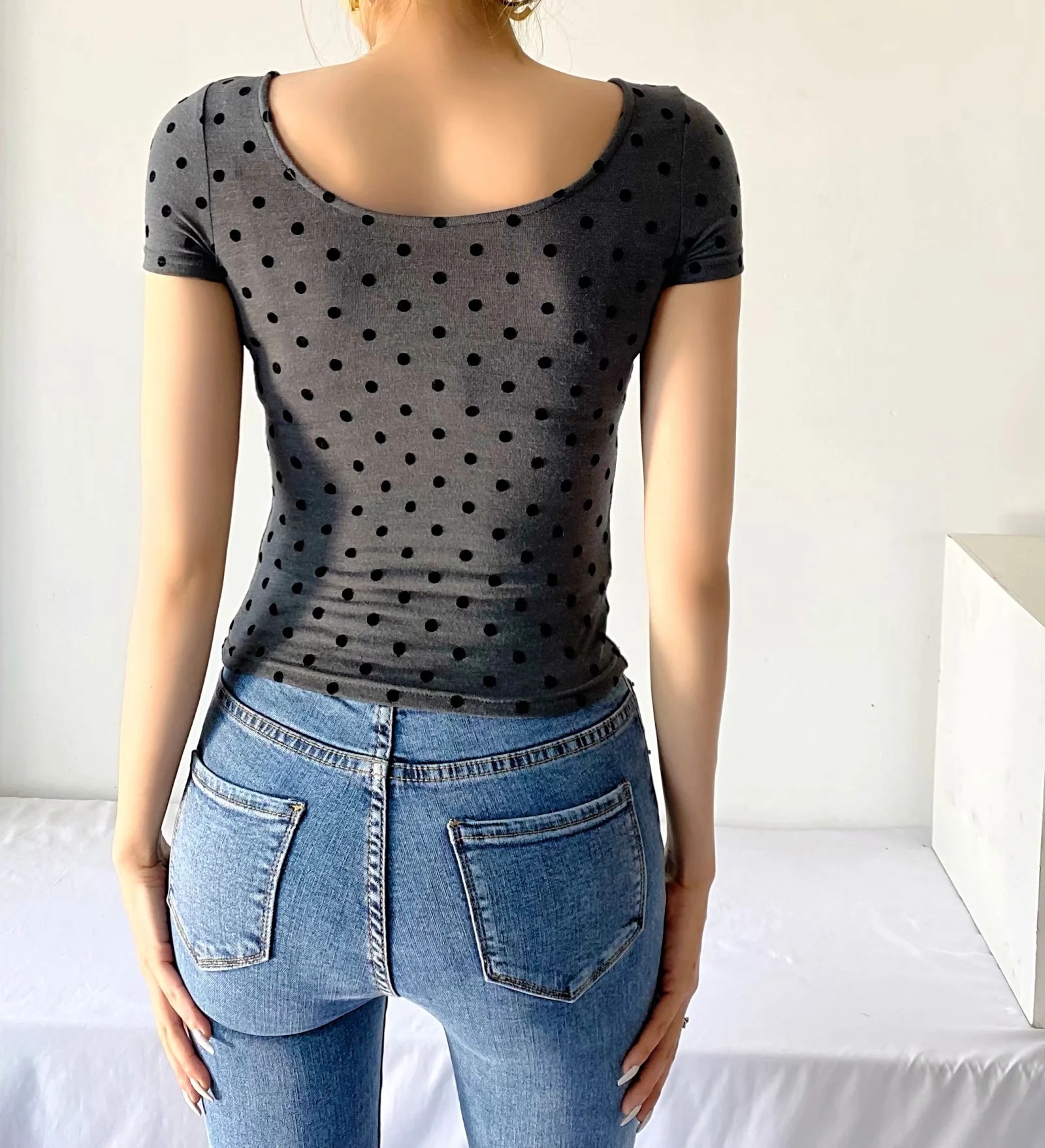 round neck polka dot stretch T-shirt NSAC49485