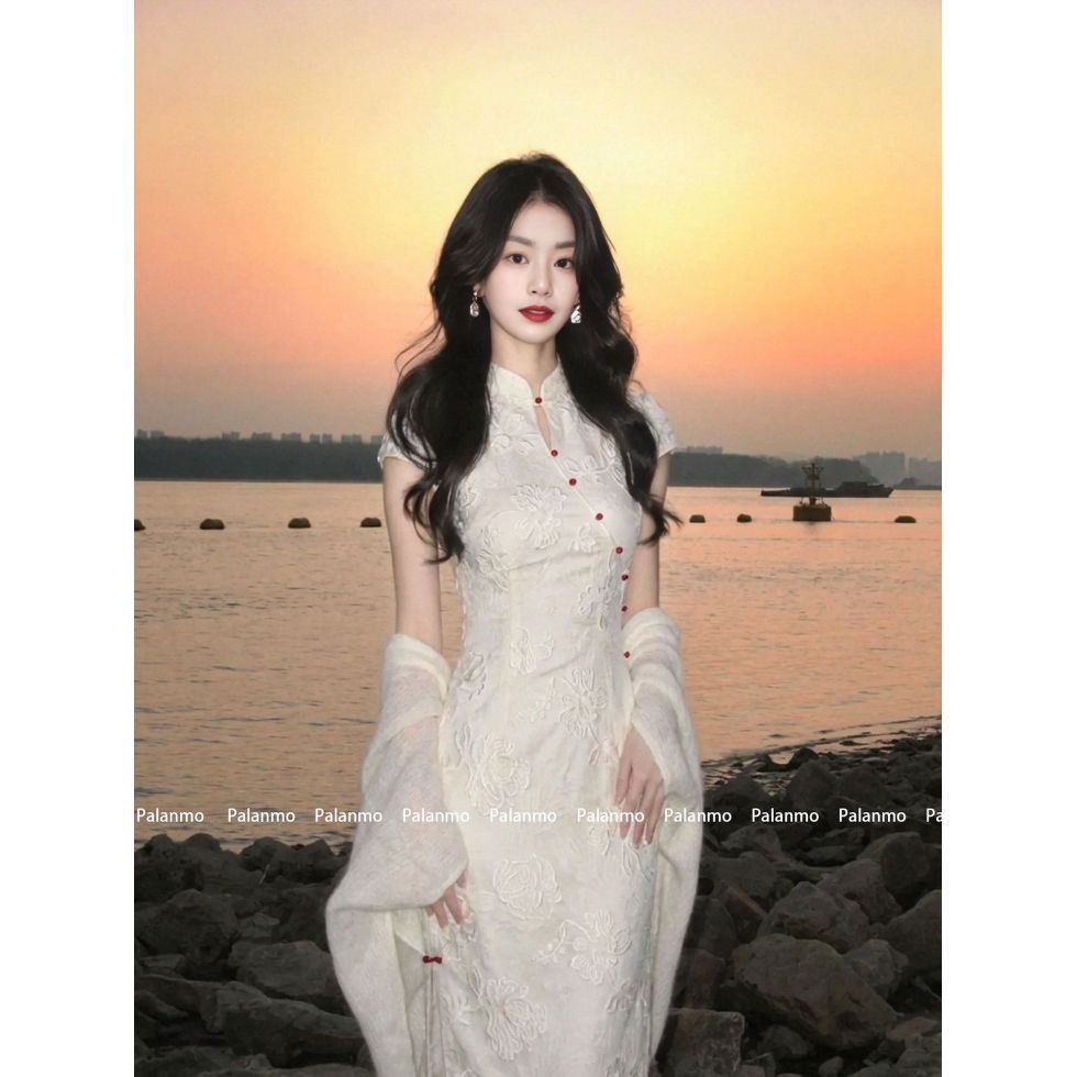 Gentle Waist-Cinching Stunning Long Dress for Women, 2026 Summer New Style, New Chinese Style, Elegant National Style White Qipao Dress