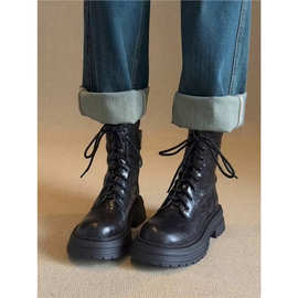 牛皮版~真皮厚底马丁靴女2025秋冬新款小个子英伦风酷飒系带短靴