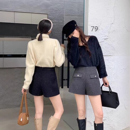 Women's Winter New Glitter A-line Wide Leg Boot Pants High-Waisted Pocket Design Casual Stylish Shorts