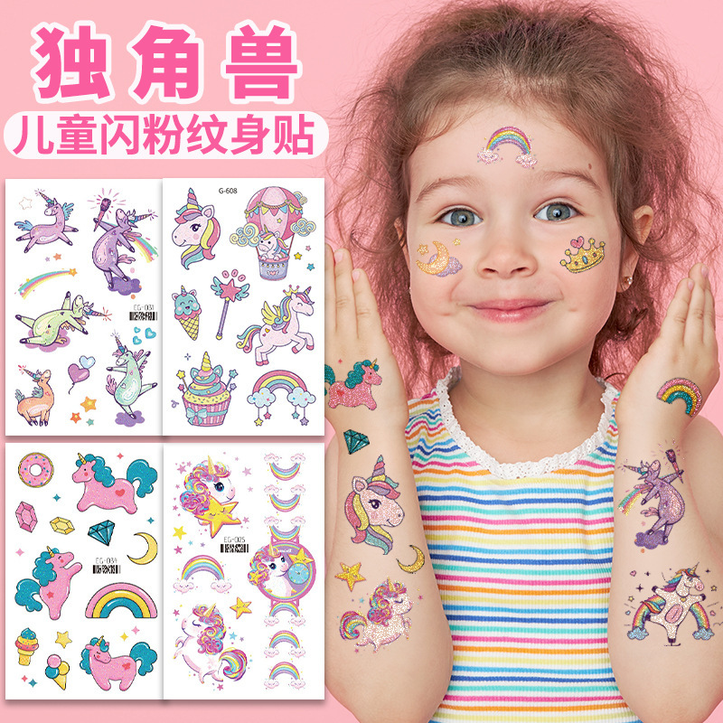 In stock Children's glitter unicorn tattoo stickers environmental protection safety waterproof cartoon cute girl watermark stickers cross-border