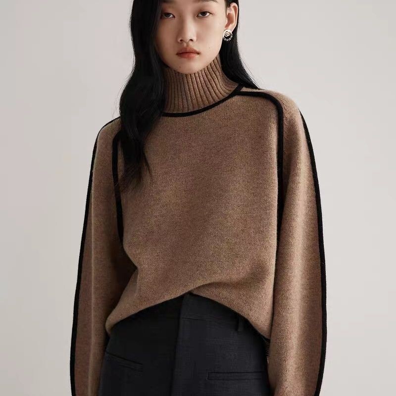 Cross-Border Foreign Trade Women's Fashion Sweater, Stylish Half-High Collar, Raglan Sleeve Top, Elegant Ribbed Base Knitwear for Women