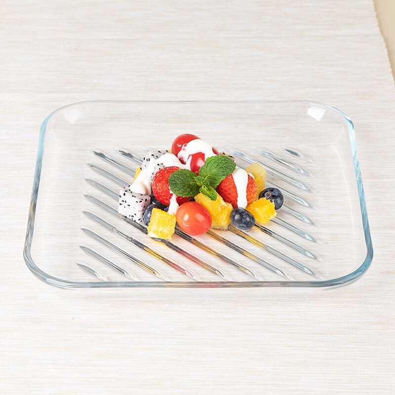 Meizhizhong Tempered Glass Round Striped Plate Square Baking Tray Microwave Oven Safe Draining Plate for Home Use Meizhizhong Tempered Glass Round Striped Plate Square Baking Tray Microwave Oven Safe Draining Plate for Home Use