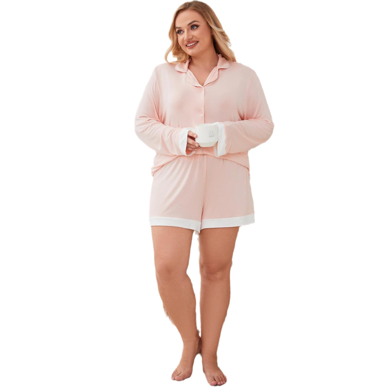 Large size sleepwear for women in spring and summer, Modal 200 pounds, fat mm, long sleeved short home suit set_voghion.com