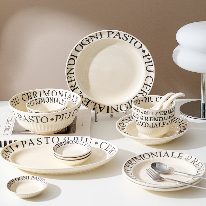 Black Letter Bowl, Ceramic Cream Plate, Simple Tableware, Salad Bowl, Household Bowl and Plate Set, French-Style High-Value Plate Black Letter Bowl, Ceramic Cream Plate, Simple Tableware, Salad Bowl, Household Bowl and Plate Set, French-Style High-Value Plate