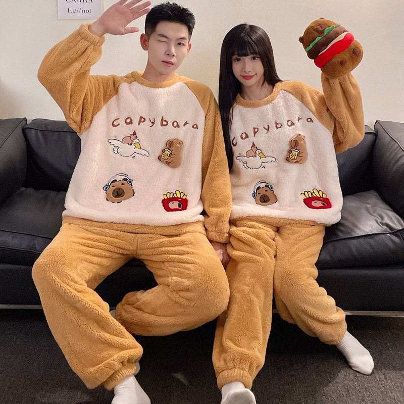 Coral Velvet Couple Pajamas for Men and Women Winter 2025 New Thickeneded Fleece-Lined Cartoon Flannel Home Wear Set