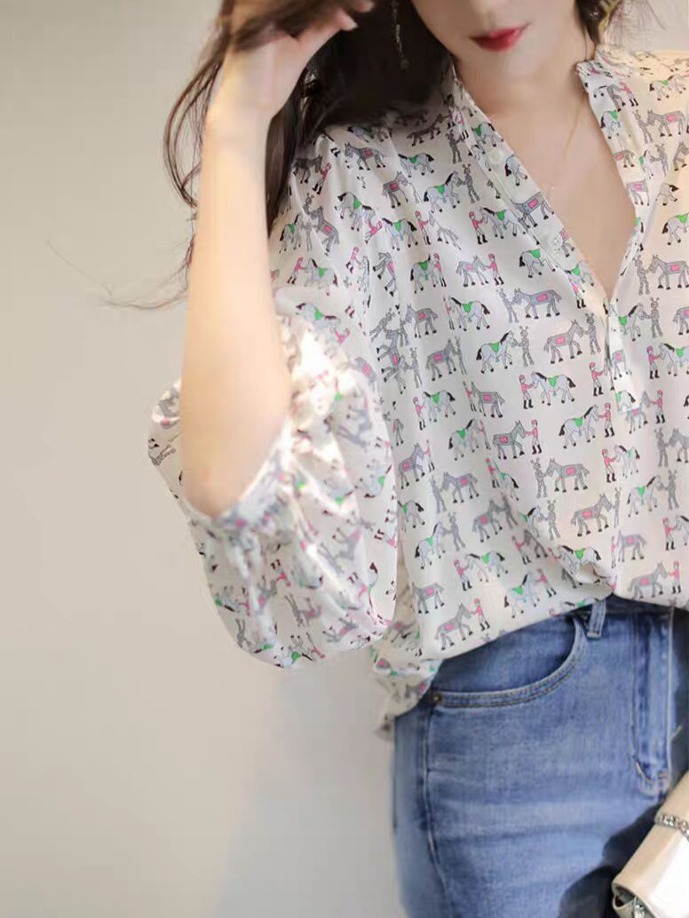 Áo sơ mi nữ tay lửng chất voan hoa nhí kiểu Pháp tay bồng — Hoa vỡ
