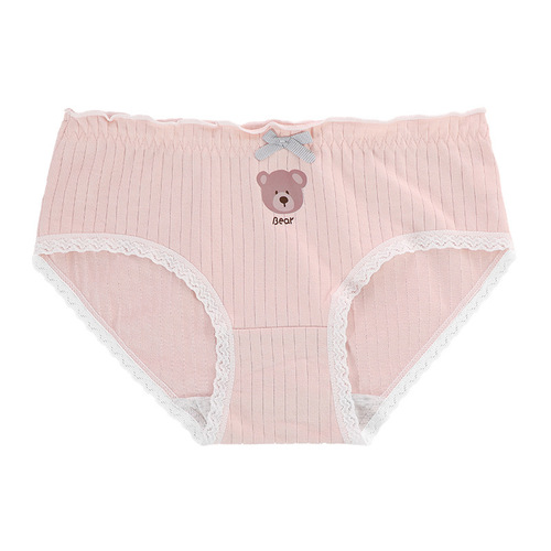 Ribbed cotton women's underwear cute bear print girls breathable underwear girls mid-waist hip briefs
