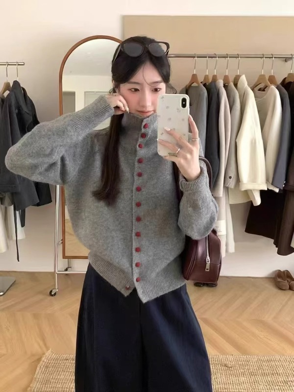 温柔风高领单排扣纯色针织开衫女2025秋冬季新款宽松百搭毛衣上衣|undefined