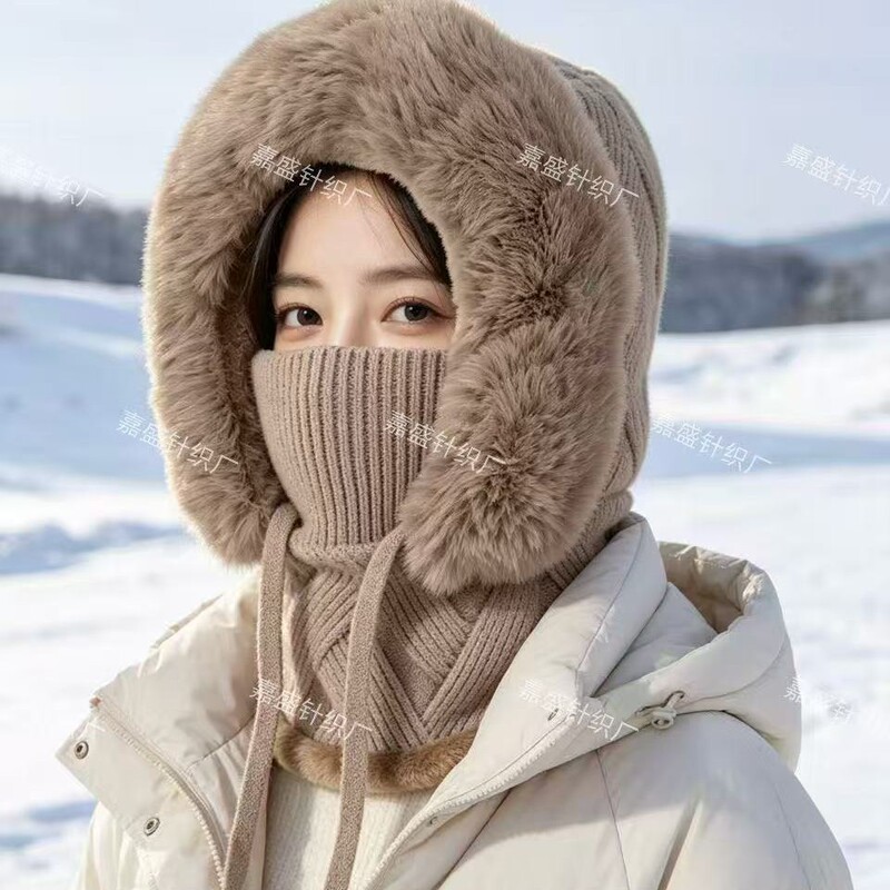 Knitted hat for cycling in winter, integrated ear protection and face mask, fleece-lined neck warmer, warm one-piece cold-proof hat for women Knitted hat for cycling in winter, integrated ear protection and face mask, fleece-lined neck warmer, warm one-piece cold-proof hat for women