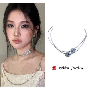 Titanium steel non-fading double layer silver rose flower necklace choker leather collar female neck flower high-grade collar