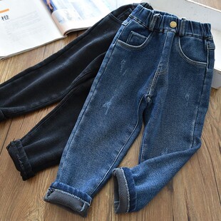 Girls' Jeans fleece-lined Children's Warm Pencil Pants Baby's Soft Slim Fit One-piece Thickened Velvet for Spring and Autumn Outer Wear