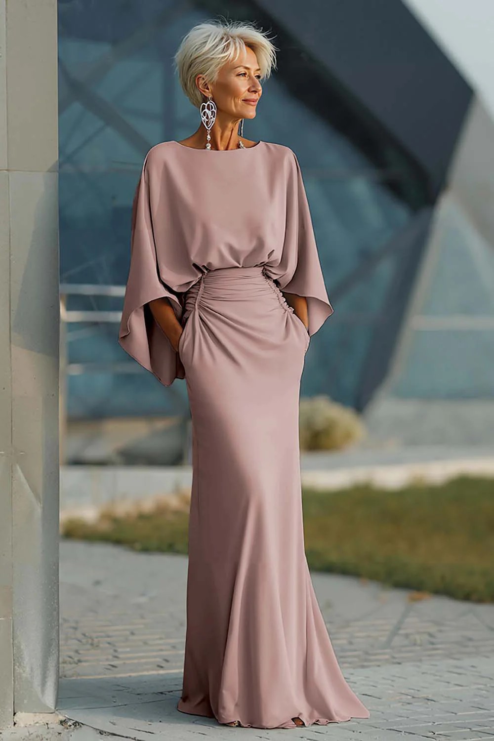 Elegant Backless Pleated Long Dress For Women American Style Slim Fit With Pockets New In Stock_ecoleips.com