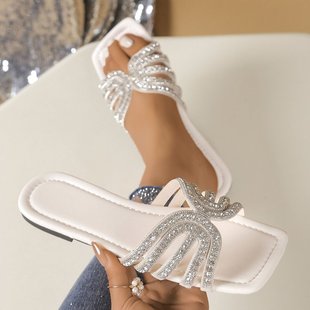 plus size sandals women's 2025 summer new square head rhinestone flat bottom one pedal beach slippers sweet wholesale foreign trade