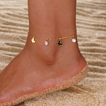 东莞钛钢不掉色饰品18K蝴蝶锆石母贝小众设计高级感不锈钢脚链女