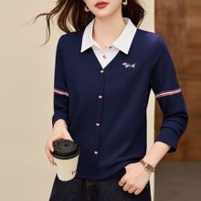 翻领长袖t恤女2025新款早秋爆款女装假两件上衣时尚洋气薄打底衫