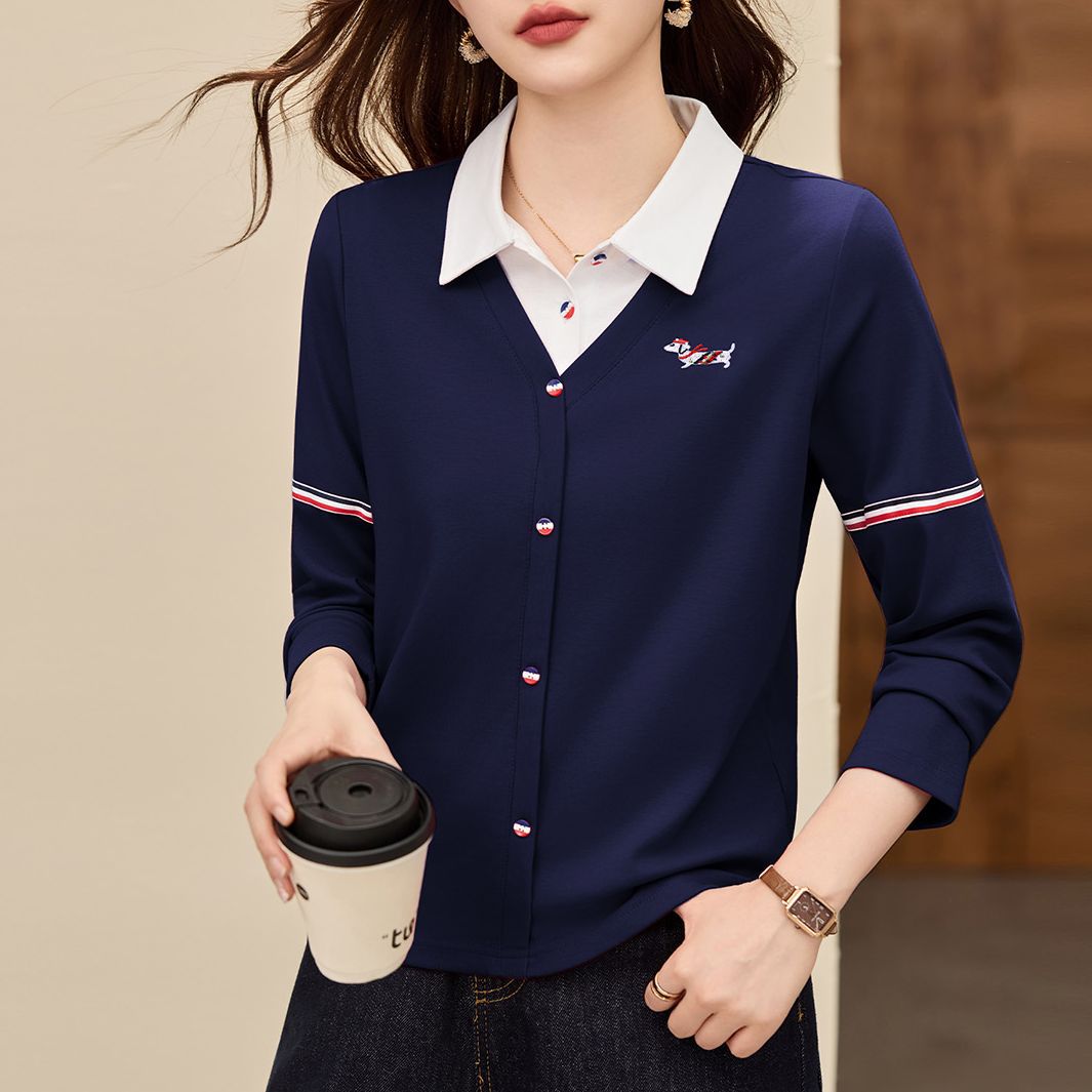 翻领长袖t恤女2025新款早秋爆款女装假两件上衣时尚洋气薄打底衫