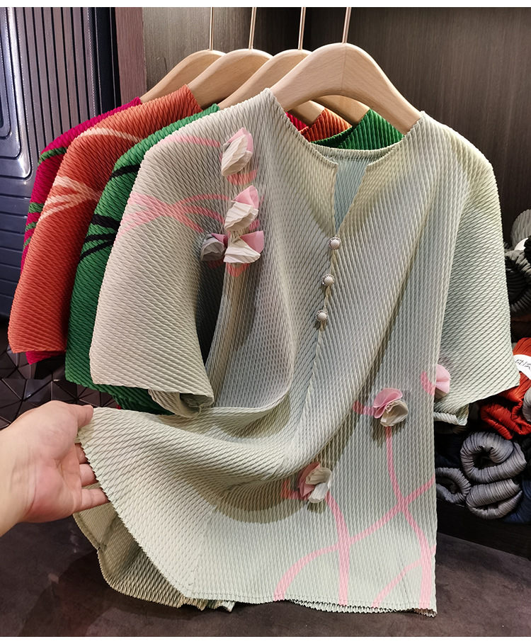 Áo kiểu nữ cổ V tay cánh dơi xếp ly vảy cá dáng rộng mùa hè — quả cam, đậu xanh, hoa hồng đỏ, màu xanh lá cây chi tiết 10