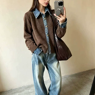 牛仔衬衫领拼接假两件毛衣女秋冬2026新款日韩开衫慵懒风针织外套