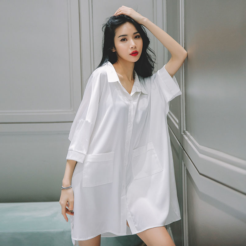 Estilo coreano novio estilo camisa estilo Palacio nuevo manga corta gasa sexy camisón de las mujeres Mediados falda verano más tamaño otoño